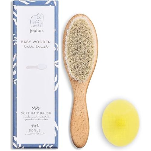 Wooden Baby Goat Hair Brush| Hairbrush for Newborn and Toddler Girl/Boy Features Soft Goat Hair and a Silicone Brush for Cradle Cap| Ideal for Baby Registry