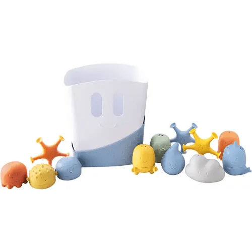 Ubbi Bath Time Essential Gift Set, Includes Drying Bin and 12 Water Toys for Toddler Bath Time Play, Baby Bath Accessory, Muted Blue