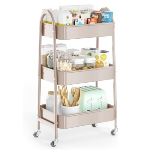 EAGMAK 3 Tier Utility Rolling Cart, Metal Storage Cart with Handle and Lockable Wheels, Multifunctional Storage Organizer Trolley with Mesh Baskets for Kitchen, Living Room, Office, Garage (Beige)