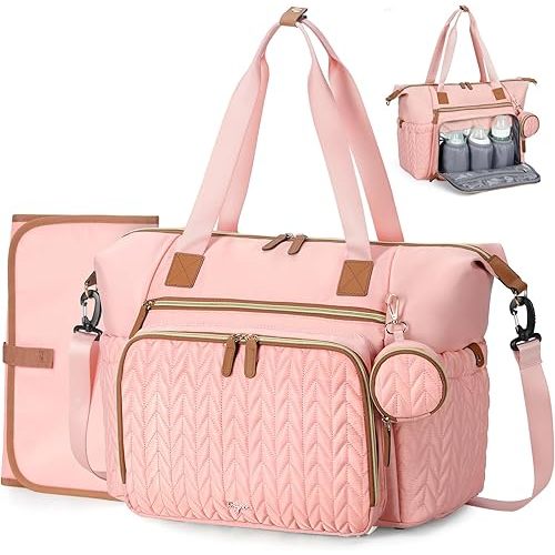 Diaper Bag Tote, Large Diaper Bags Waterproof, Hospital Bag for Labor Delivery, Baby Bag with Pacifier Case, Travel Diaper Tote with Changing Pad, Pink
