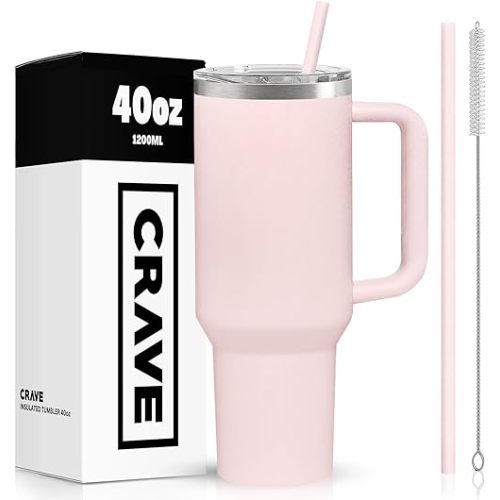 40oz Tumbler With Handle And Straw l Insulated Stainless Steel Double Wall Spill Proof Water Bottle Travel Mug l Cupholder Friendly Vacuum Sealed Tumblers With Lid (Rose Quartz)
