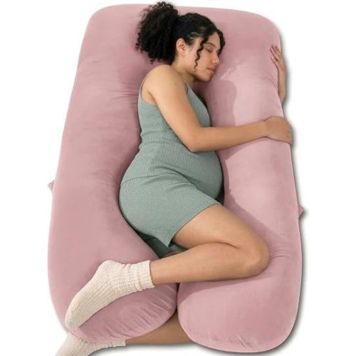 QUEEN ROSE Extra Long Pregnancy Pillows, 60 Inch U Shaped Body Pillow for Sleeping, Cooling Maternity Pillow for Pregnant Women, Body Support for Adults, with Soft Silky Cover, Pink