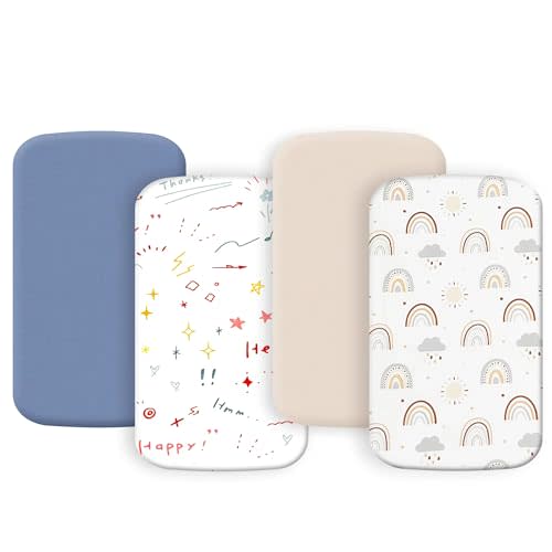 4 Pack Bassinet Sheets 21” x 35”, Compatible with Besrey, Fodoss, Foalom, MiClassic, Milliard and Large Bassinet Mattress, Soft and Skin-Friendly, Blue and Color Rainbow