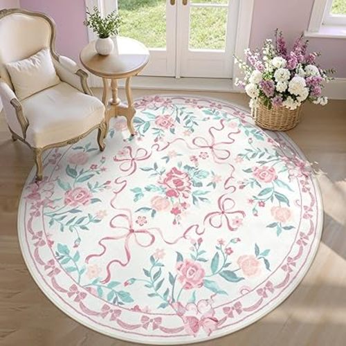 Collive Pink 6ft Round Rugs for Girls, Bow and Floral Washable Circle Rug for Living Room, Cute Ultra-Thin Non Slip Indoor Decor Carpet for Nursery Kids Room Bedroom Playroom