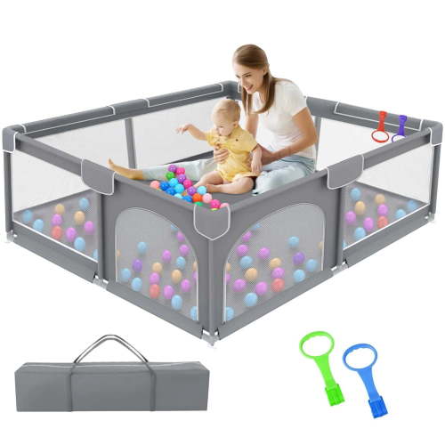 Ucradle Baby Playpen for Babies and Toddlers, 36x36x27" Large Baby Playard, Infant Activity Center with Gate, Anti-Slip Base and Soft Breathable Mesh, Gray