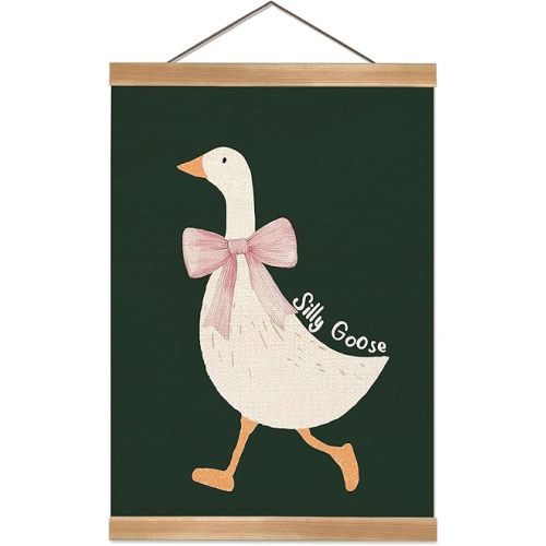 ZTGDA Silly Goose Wall Art Poster for Nursery and Playroom – Cute Bow Goose Hanging Print with Frame, Farm Animal Decor for Kids Room,Toddler Room,Library Reading Room 16x12inch (Green)