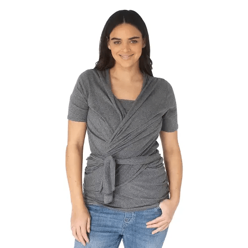 Kindred Bravely Short Sleeve Skin to Skin Nursing Wrap Top, Kangaroo Shirt for Mom and Baby, Organic Cotton (Grey Heather, Large)