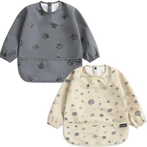PewinGo Weaning Bib with Long Sleeves 2PCS & BLW, Soft and Skin-Friendly Material, Coverall Bibs for Baby Feeding, Waterproof and Easy to Clean & Machine Washable, for Baby Infant Toddlers