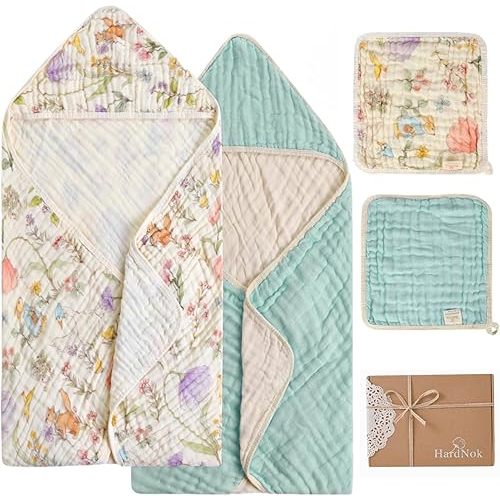 4-Piece Ultra Soft Muslin Baby Towel Set - Muslin & Bamboo Viscose Blend, Ideal for Bath & Beach, Suitable (Garden Woodland G 32x32 inches)