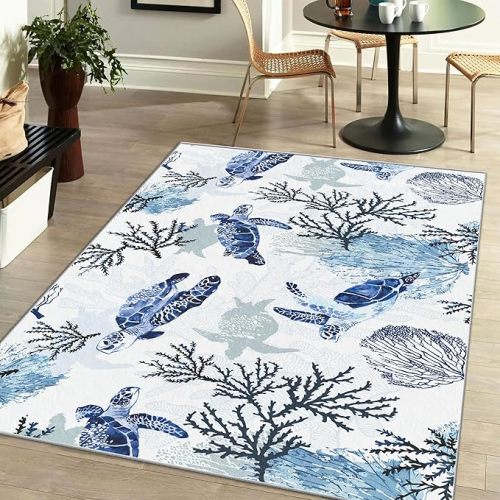 Coastal Nautical Rug for Bedroom & Living Room, Soft Low Velvet Carpet, Washable Beach Area Rug, Modern Blue Sea Turtle, 3x5