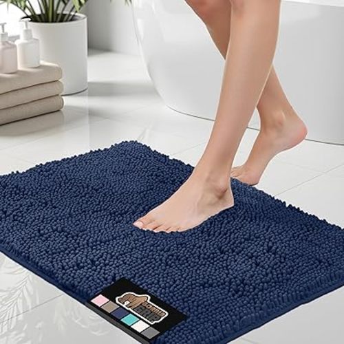 GORILLA GRIP Bath Rug Mat, Thick Soft Absorbent Chenille, Quick Dry Microfiber Mats, Rubber Backing Washable Shower Floor Rugs, Bathmat Runner, US Designed Bathroom Home Decor Accessories 24x17, Navy