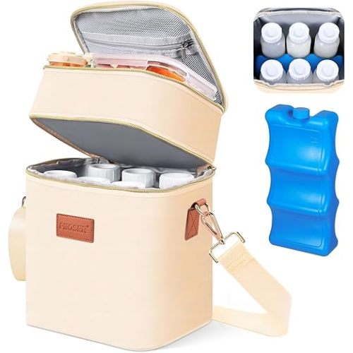 PIIOSER Breastmilk Cooler Bag with Ice Pack Fits 6 Baby Bottles Up to 9 Ounce, Insulated Baby Bottle Tote Bags, Double Layer Waterproof Leak-Proof with Shoulder Strap for Nursing & Working Mom (Cream)