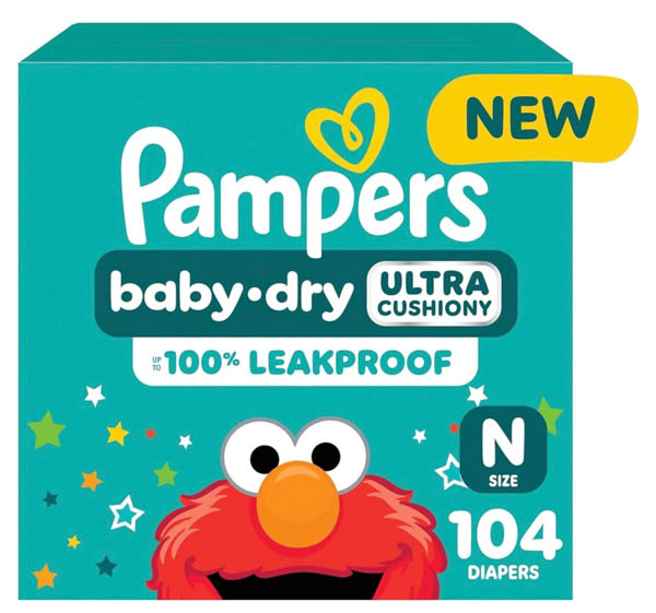 Pampers Diapers - Baby Dry - Size 0, 104 Count, Absorbent Disposable Newbort Diaper (Packaging May Vary)