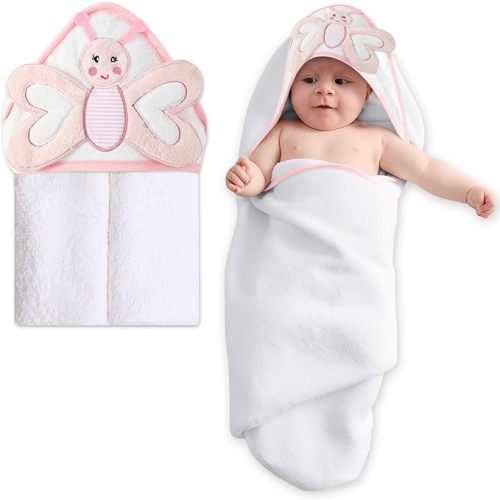 Mother's Choice Serviette à capuche pour bébé - Grande (84 x 84 cm) - 100 % coton ultra douce et absorbante - Pour nouveau-nés, nourrissons, garçons et filles (papillon)