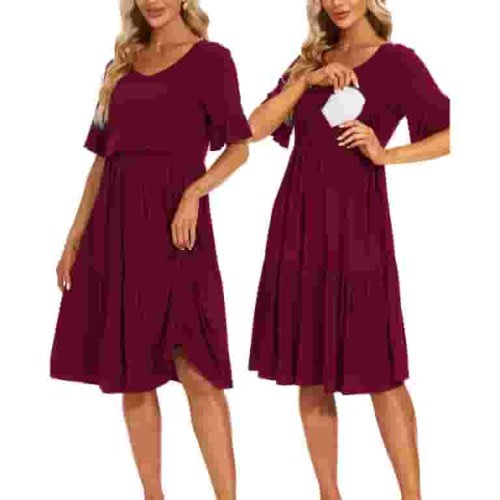Smallshow Women's Short Sleeve Ruffle Nursing Dress Maternity Breastfeeding Clothes
