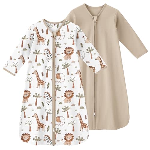 FIEMOL Baby Sleep Sack 6-12 Months, Long Sleeve Baby Wearable Blanket 0.5 Tog with Mittens, 2-Way Zipper Infant Cotton Sleeping Sack for Boy and Girl Khaki Animal 2 Pack (Medium)
