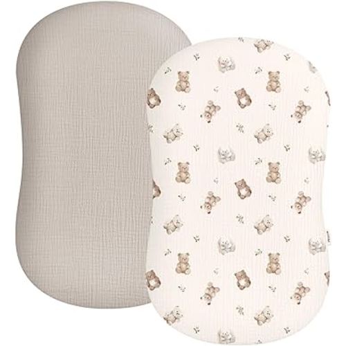Muslin Baby Lounger Cover 2 Pack, Soft Breathable Newborn Lounger Pillow Cover for Boys Girls Infant (Teddy & Friends)