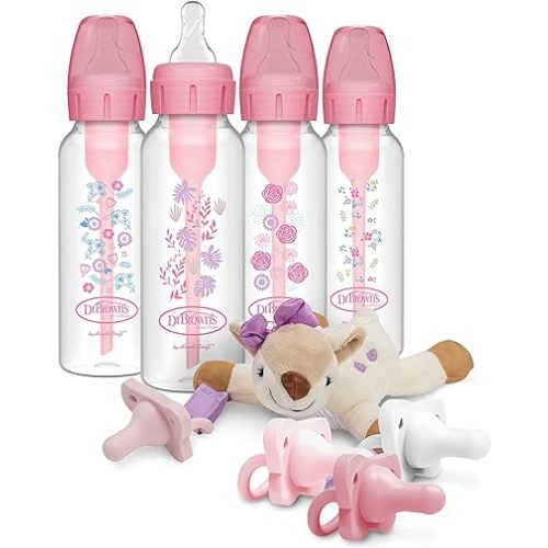 Dr. Brown’s Natural Flow® Anti-Colic Options+™ Narrow Baby Bottles 8 oz/250 mL, Pink Floral 4 Pack, with HappyPaci Pacifiers and Lovey Holder, Deer