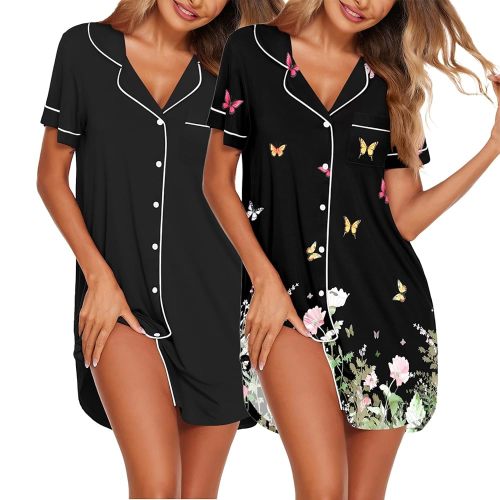 Ekouaer Nightgowns for Women 2 Pack Button Down Sleepwear Short Sleeve Sleepshirts Soft Nightshirts Boyfriend Pajama Dress