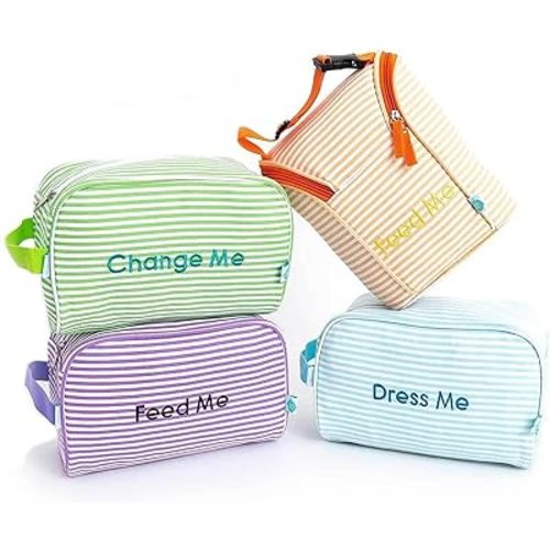 Easy Baby - Diaper, Bottle, and Supplies - Organizer Pouches - Change, Feed, and Dress Me (4 Pack Seersucker) | Organizing Packing Tote Cubes for Baby Items | Good for Travel and Keeping Organized