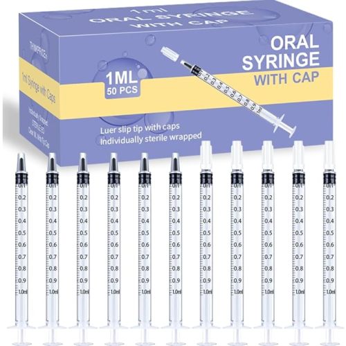 50 Pcs 1ml Syringes with Caps Oral Dispenser Individually Sterile Warpped for Medicine Dropper, Colostrum Collect Feeding Pets, Liquid - 50.0