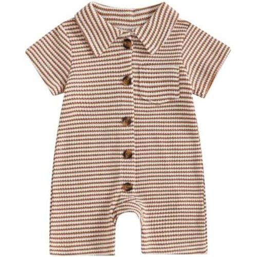 Baby Boy Stripe Romper Waffle Knit Short Sleeve Lapel Button Down Jumpsuit Bodysuit Newborn Summer Outfits
