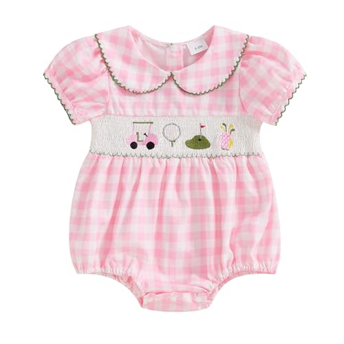 Filgriox Baby Girl Smocked Bubble Romper Golf Embroidery Short Sleeve Peter Pan Collar Bodysuit Newborn Summer Clothes