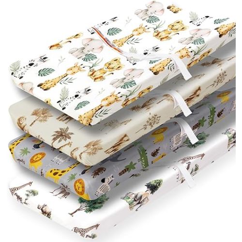 4 Pack Safari Jungle Animals Neutral Unisex Fitted Nursery Baby Sheets Set Toddler Mattress Sheets for Baby Boys or Girls (Changing Pad Cover)