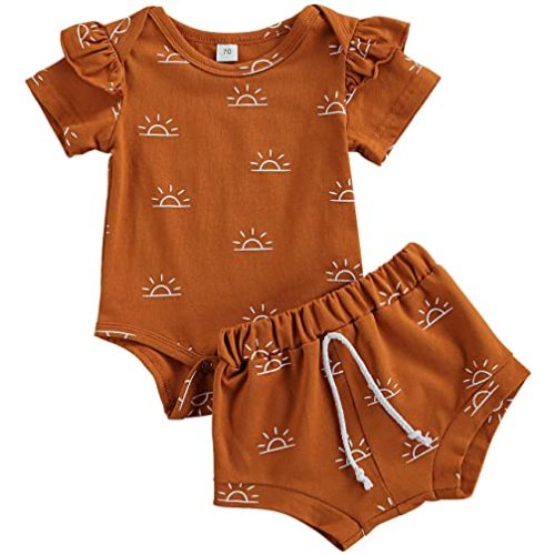 Newborn Baby Boy Girl Summer Outfit Unisex Infant Sunrise Print Clothes Set Short Sleeve Cotton Tops+Drawstring Shorts 2PCS - Brown B - 0-3 Months