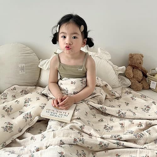 BuLuTu Cotton Muslin Toddler Blanket for Kids Girls Boys, Soft Lightweight Baby Quilts 4 Layers Large Muslin Crib Blanket Floral Toddler Quilted Blankets, All Seasons, 47"x51"