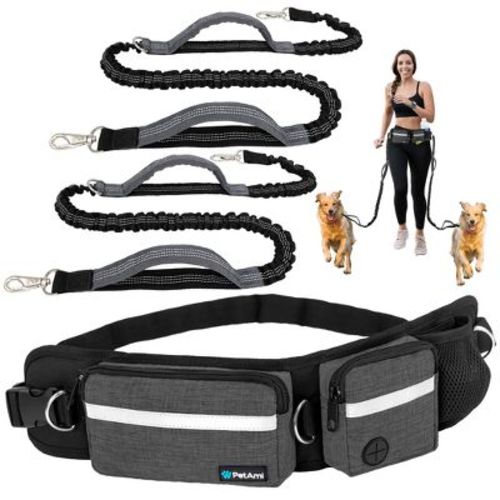 PetAmi Hands Free Dog Leash, Running Belt Bag for Walking Jogging, Waist Double Zipper Pouch with Waste Bag Dispenser