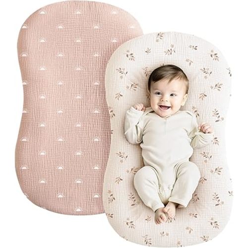 Konssy Muslin Baby Lounger Cover 2 Pack, 100% Cotton Newborn Lounger Cover, Soft and Breathable Baby Nest Slipcover for Boys Girls (Pink Sun,Khaki Leaf)