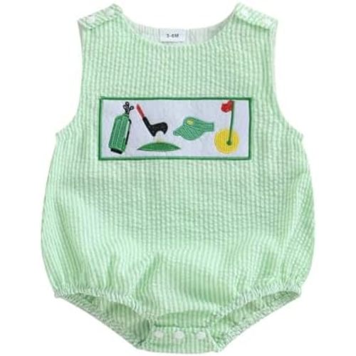 Gueuusu Baby Boy Summer Clothes Newborn Smocked Bubble Romper Golf Theme Plaid/Striped Overall Bodysuit One Piece Outfit