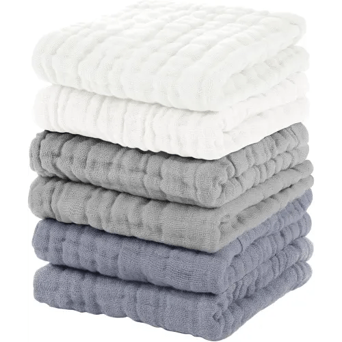 Muslin Baby Washcloths 6 Pack, 100% Cotton Wash Cloths for Babies, Large 12''X12'' Burp Cloths Absorbent and Soft for Newborn Infants Kids Boys Girls - White Gray