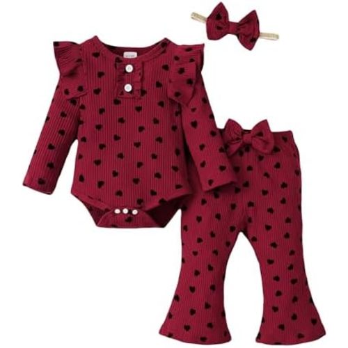 Infant Baby Girls Outfit Cute Ruffle Sleeve Ribbed Knit Romper Bodysuit and Flare Pants Clothes Set 3 Piece