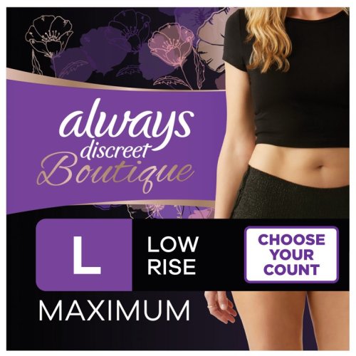 Always Discreet Boutique Low-Rise Incontinence Underwear for Women, Size Large, Max Absorbency, 10 Ct