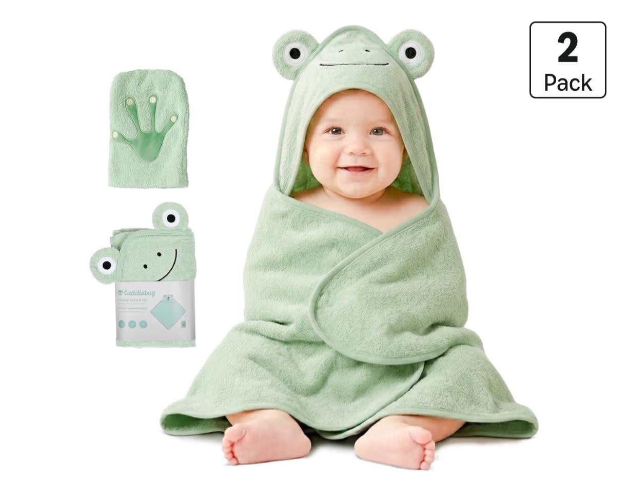 CuddleBug Hooded Baby Bath Towel & Washcloth Set (Bear) - 100% Cotton Terrycloth Hooded Baby Towels for Newborn & Toddler - Super-Soft & Absorbent, Newborn Essentials (33" x 33") - Sage Green