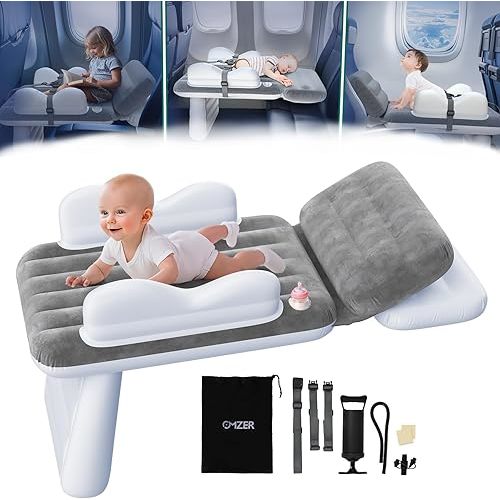 omzer Inflatable Toddler Airplane Bed: Kids Airplane Bed with Cup Holder & Seat Belt - Portable Baby Travel Bed with Travel Bag & Hand Pump