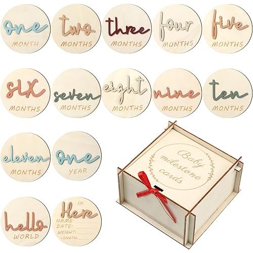 7 Pcs Morandi Color 3D Wooden Monthly Milestone Cards with Box Baby Monthly Milestone Card Sign Double Sided Milestone Wooden Circles Baby Growth Cards for Baby Girl Boy
