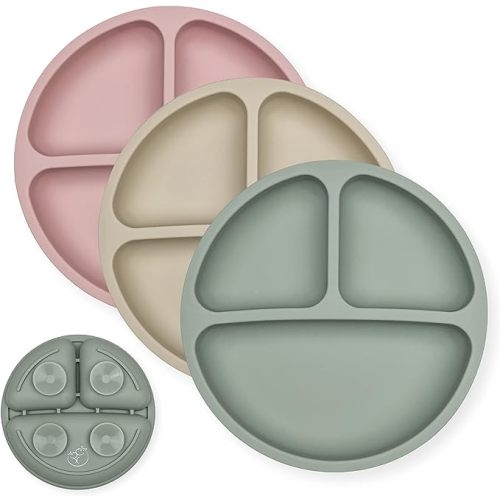 Hippypotamus Toddler Plates with Suction - 100% Food-Grade Silicone Baby Plates - Microwave & Dishwasher Safe - BPA Free - Set of 3 (Sage/Blush/Nude)