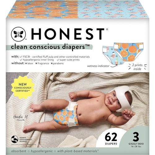 The Honest Company Clean Conscious Diapers | Plant-Based, Sustainable | Orange You Cute + Feeling Nauti | Club Box, Size 3 (16-28 lbs), 62 Count