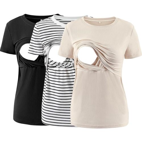 Liu & Qu Women's Maternity Nursing Tops Rib Short Sleeve Breastfeeding Shirts Maternity Clothes 3-Pack - Black/White Black Stripe /Apricot - Large