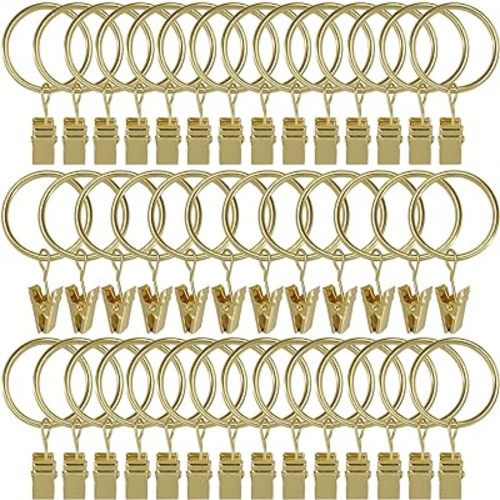 40 Pack Curtain Rings with Clips, Drapery Clips with Rings, Drapes Rings 1.26 in Interior Diameter, Fits up to 1 in Curtain Rod, Gold Color