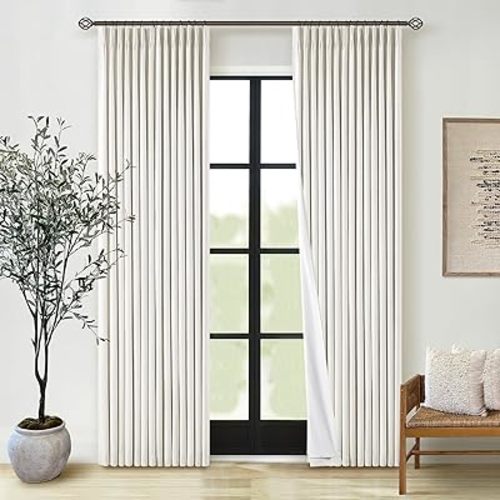 Natural Pinch Pleated Linen Blackout Curtains 84 Inch Length 2 Panels for Bedroom Living Room Darkening Thermal Insulated Cream Birch Boho Neutral Back Tab Pinch Pleat Lined Window Curtain 84 Inches