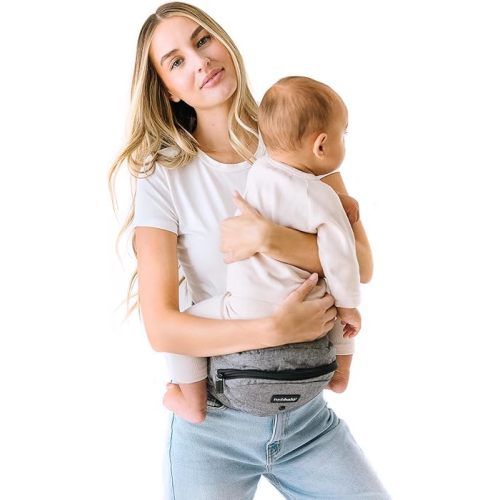 Tushbaby Safety-Certified Hip Carrier for Babies & Toddlers: Machine Washable Child Waist Seat for One Hand Support with Multi-Pocket Storage (23”-44” Waist, Holds Kids 0-3 yrs up to 45lbs) – Grey
