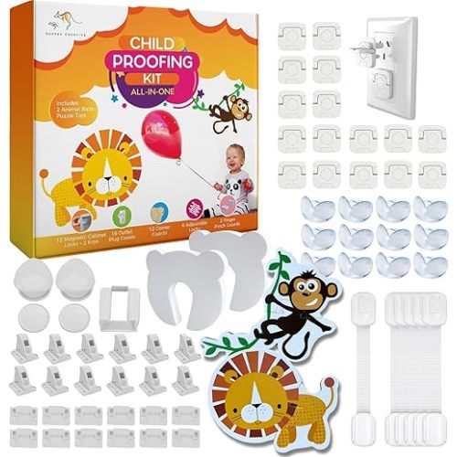 Baby Proofing Kit 67pcs All in One Includes Magnetic Cabinet Locks for Baby Proofing, Corner Bumper Protectors, Child Safety Strap Locks, Power Point Outlet Covers, Finger Pinch Guards & Bath Toys