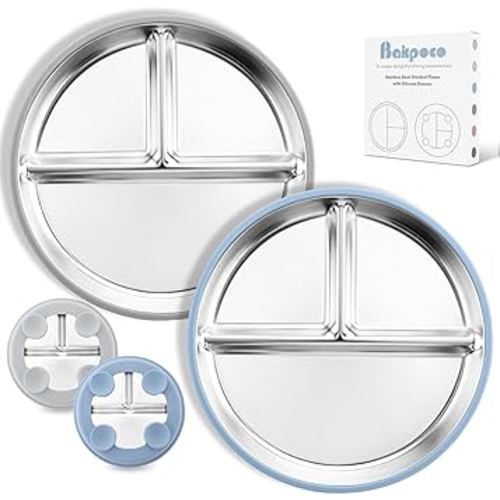 Stainless Steel Toddler Plate with Suction, 9” Divided Plates with Removable Silicone Sleeves for Kids, Non Toxic & BPA Free | Non Slip | Unbreakable Baby Snack Dishes Set of 2, Blue & Gray