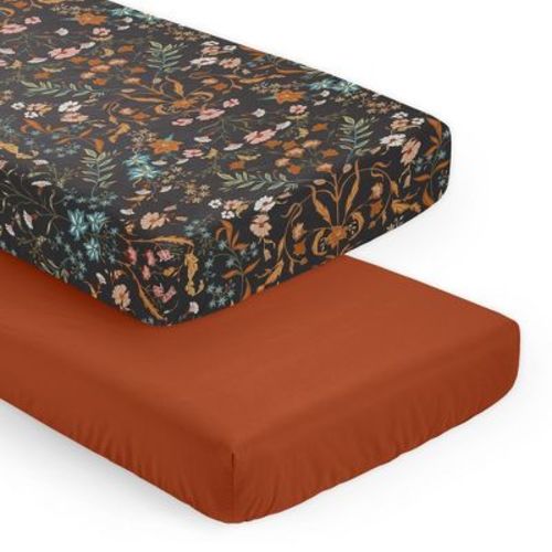 Sweet Jojo Designs Girl Fitted Crib Sheets Set Boho Floral Wildflower Orange Black and Blue 2pc