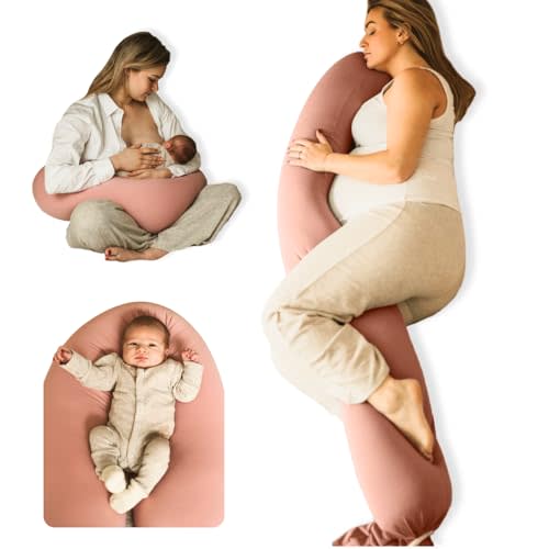 Cuddo Baby Pregnancy Pillow 5-in-1 【Cooling Cover, Adjustable Firmness】 Patented Lock Design, Turn into O-Shape Nursing Pillow, 5-Point Full Body Support, Maternity Pillow with Travel Bag - Pink