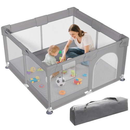 Vipsafe Baby Playpen, Safety Play Yard with Storage Bag, 49" x 49" Infant Travel Fence, Gray